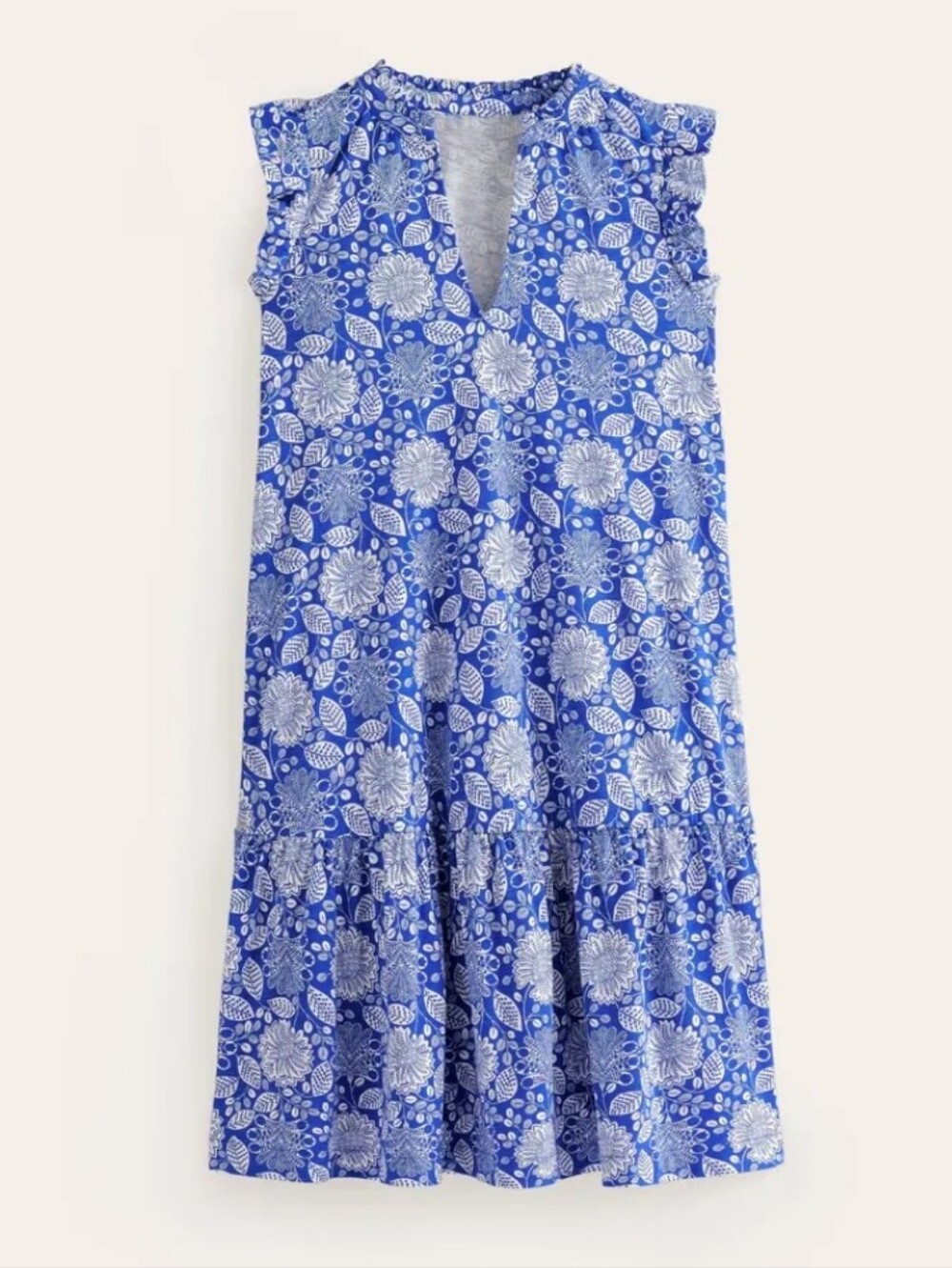 Boden Costal Floral Daisy Blue White Tiered Ruffle Sleeveless Short Dress Sz 8R